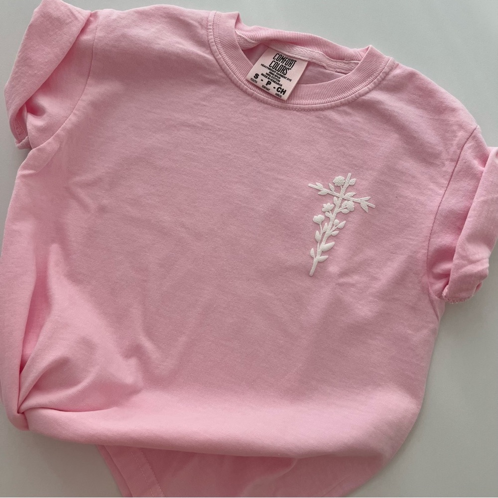 Comfort Colors Pink Kids Tee White Floral Design Easter (S)